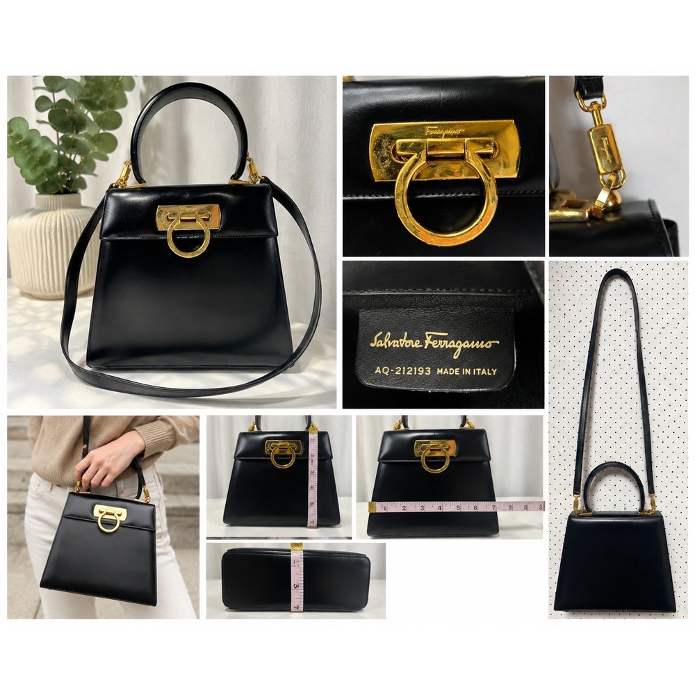 Salvatore Ferragamo AQ-212193 Iconic Gancini Black Leather Top Handle Bag